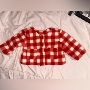 Hanna Andersson Red Orange and White Plaid Kids Sherpa Jacket 3-6 months